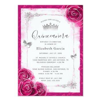 Elegant Floral Silver And Fuchsia Quinceanera Invitation Front View