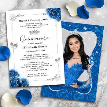 elegant floral silver royal blue quinceanera photo invitation