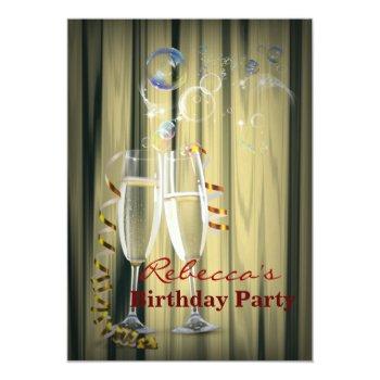 Elegant Gold Champagne Glasses Woman's Birthday Invitation Front View