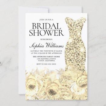 elegant gold sparkle dress & floral bridal shower invitation