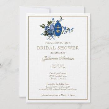 elegant golden catholic bridal shower blue flowers invitation