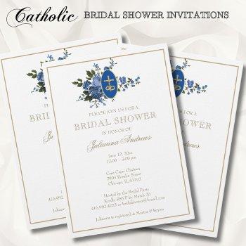 elegant golden catholic bridal shower blue flowers invitation