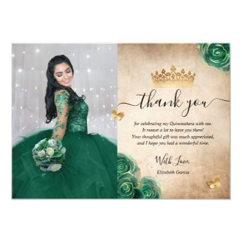 Elegant Green And Gold Quinceañera Photo Birthday Thank You Card Front View