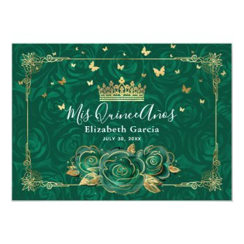 Elegant Green And Gold Quinceañera Photo Birthday Thank You Card Front View