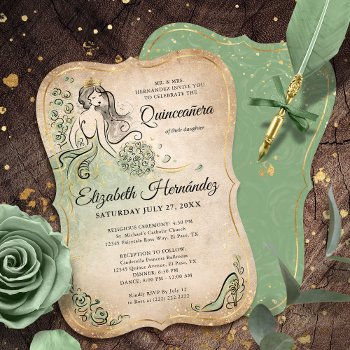 elegant green gold princess quinceanera birthday invitation