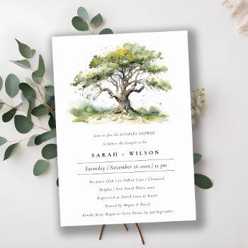 elegant green watercolor oak tree couples shower invitation