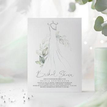 elegant greenery and wedding dress bridal shower invitation