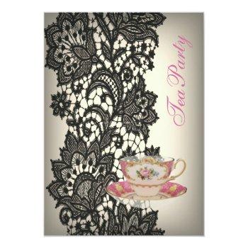 Elegant Lace Beige Vintage Bridal Tea Party Invitation Front View