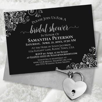 elegant lacy silver on classic black bridal shower invitation