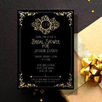 elegant modern art deco black gold bridal shower f foil invitation