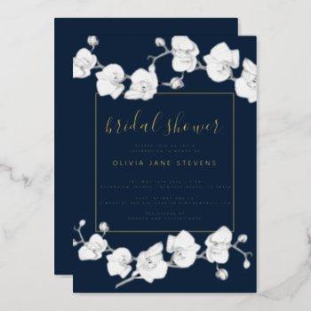 elegant modern classic orchids navy bridal shower foil invitation