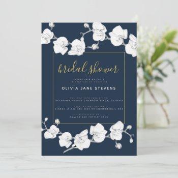 elegant modern classic orchids navy bridal shower invitation