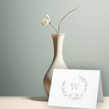 elegant monogram sage green floral leaves crest thank you card