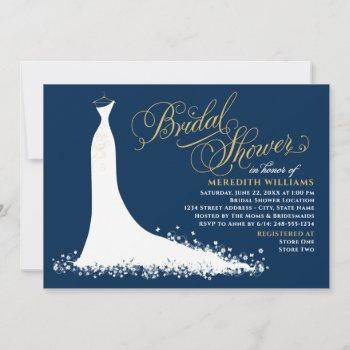 elegant navy and gold wedding gown bridal shower invitation