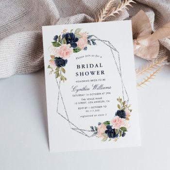 elegant navy & blush floral silver bridal shower invitation