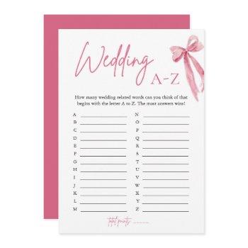 elegant pink bow wedding a-z bridal shower game invitation