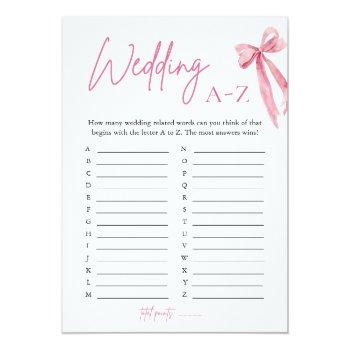 Elegant Pink Bow Wedding A-z Bridal Shower Game Invitation Front View