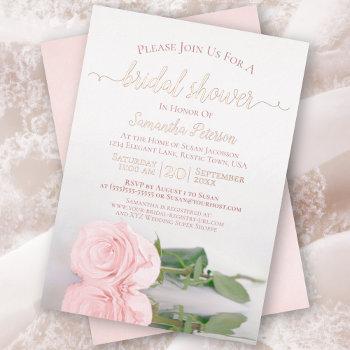 elegant pink rose with rose gold bridal shower foil invitation