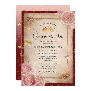 elegant pink watercolor rose gold quinceanera invitation