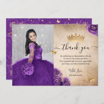 elegant purple and gold quinceañera photo birthday thank you card