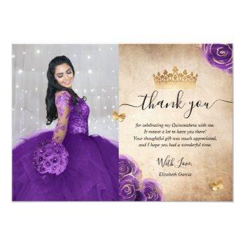 Elegant Purple And Gold Quinceañera Photo Birthday Thank You Card Front View