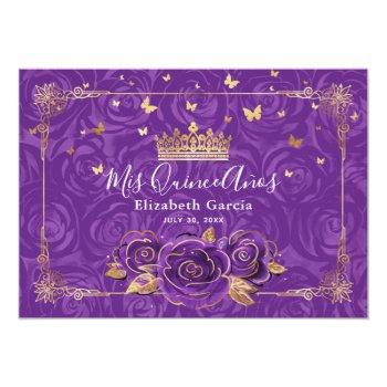 Elegant Purple And Gold Quinceañera Photo Birthday Thank You Card Front View