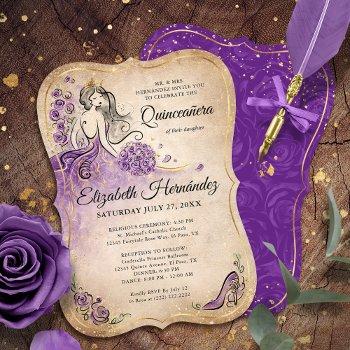 elegant purple gold princess quinceanera birthday invitation