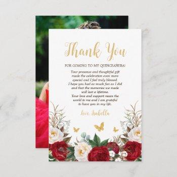 elegant red & gold floral photo quinceañera thank you card