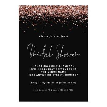 Elegant Rose Gold Glitter Bridal Shower Black Invitation Front View