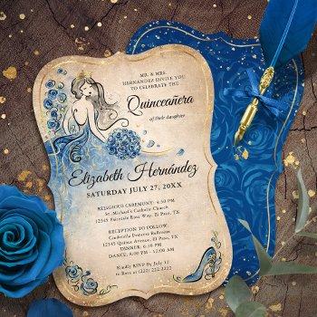 elegant royal blue gold princess quince birthday invitation