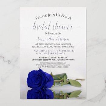 elegant royal blue rose & silver bridal shower foil invitation