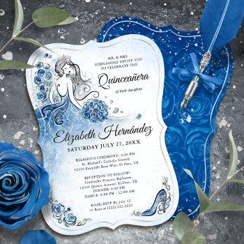 Elegant Royal Blue Silver Princess Quince Birthday Invitation Front View