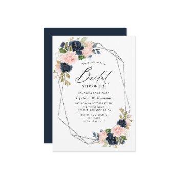 elegant script navy & blush floral bridal shower invitation