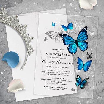 elegant silver and blue butterfly quinceanera acrylic invitations