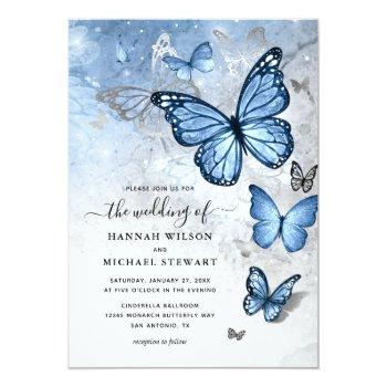 Elegant Silver Baby Blue Butterfly Wedding Invitation Front View