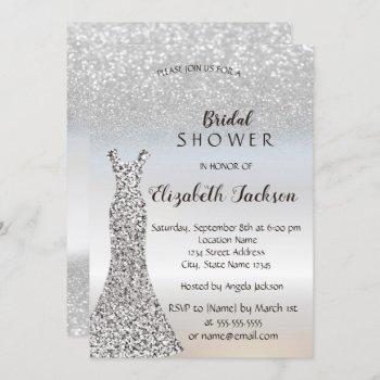elegant silver glitter bokeh , dress bridal shower invitation
