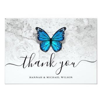 Elegant Simple Script Blue Butterfly Thank You Card Front View