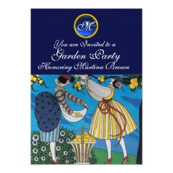Elegant Summer Garden Party Sapphire Gem Monogram Invitation Front View