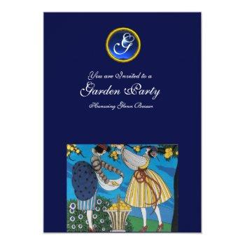Elegant Summer Garden Party ,sapphire Gem Monogram Invitation Front View