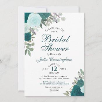 elegant teal aqua watercolor floral bridal shower invitation