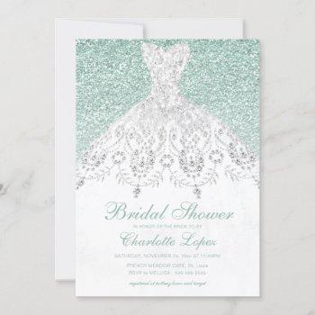 elegant teal turquois glitter dress bridal shower invitation