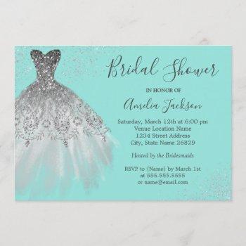 elegant teal wedding gown bridal shower invitation