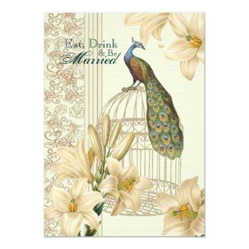 Elegant Vintage Floral Peacock Rehearsal Dinner Invitation Front View