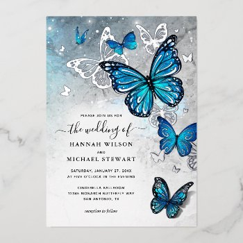 elegant watercolor blue butterfly wedding real foil invitation