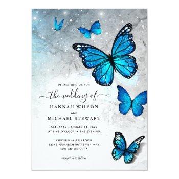 Elegant Watercolor Blue Butterfly Wedding Real Foil Invitation Front View