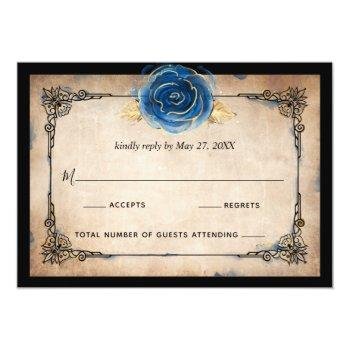 Elegant Watercolor Blue Rose Gold Rustic Wedding Rsvp Card Front View