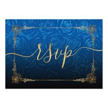 Elegant Watercolor Blue Rose Gold Rustic Wedding Rsvp Card Front View