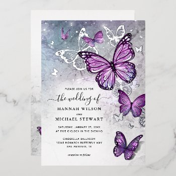 elegant watercolor purple butterfly wedding real foil invitation