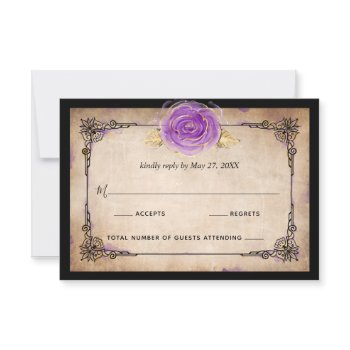 elegant watercolor rose rustic gold purple wedding rsvp card