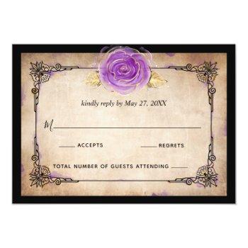 Elegant Watercolor Rose Rustic Gold Purple Wedding Rsvp Card Front View
